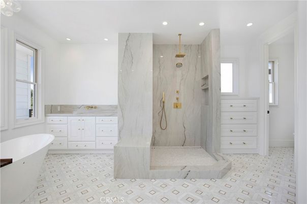 Bathroom, Free Standing Baths, Interior, Marble Walls, Recessed Lighting