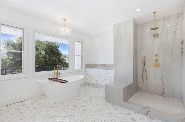 Bathroom, Chandelier, Free Standing Baths, Interior, Recessed Lighting, Wood Texture Flooring