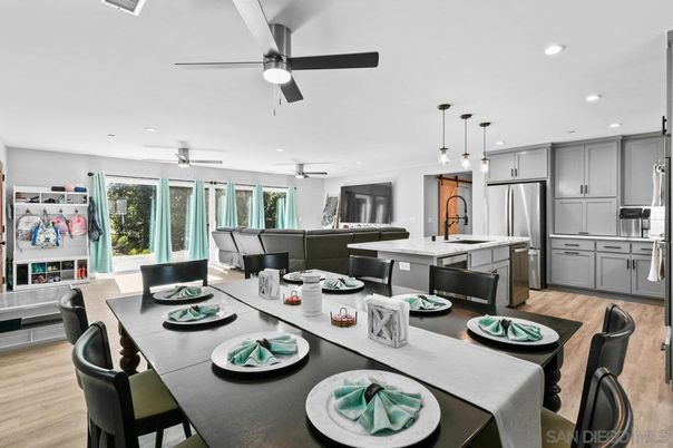 Dining room, Interior, Kitchen, Pendant Lights, Recessed Lighting, Stainless Steel Appliances, Wood Texture Flooring