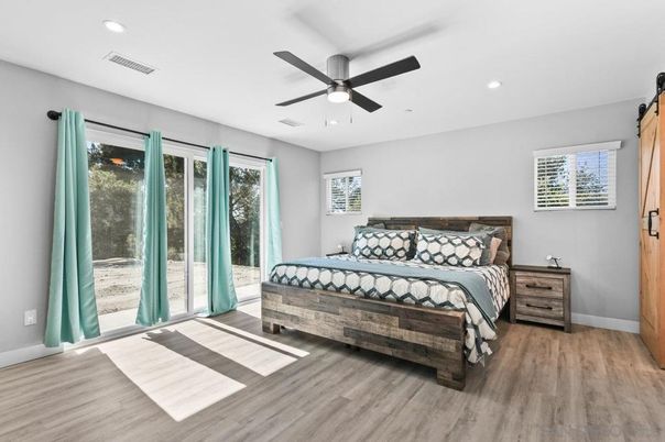 Bedroom, Interior, Recessed Lighting, Wood Texture Flooring