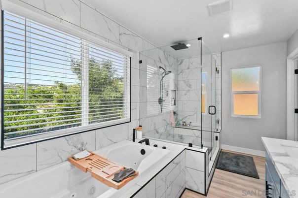 Bathroom, Glass Shower, Interior, Marble Walls, Recessed Lighting, Wood Texture Flooring