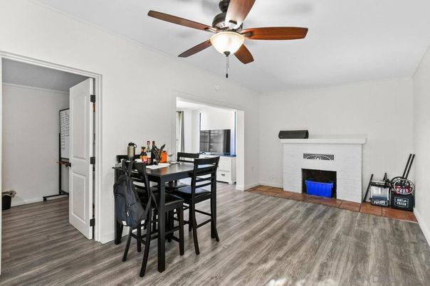 Dining room, Fireplace, Interior, Wood Texture Flooring
