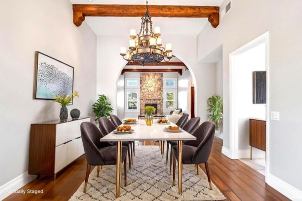 Chandelier, Dining room, Fireplace, Interior, Stone Walls, Wooden Beams, Wood Texture Flooring