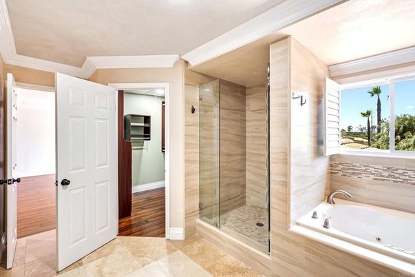 Bathroom, Glass Shower, Interior, Recessed Lighting, Wood Texture Flooring