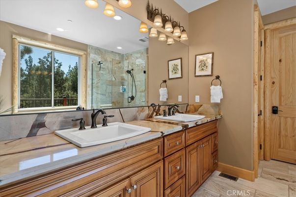 Bathroom, Dual Sink Vanities, Glass Shower, Interior, Recessed Lighting, Tile Countertops