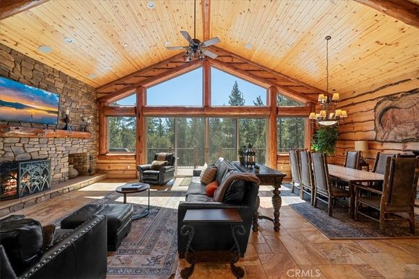 Dining room, Fireplace, Interior, Living room, Pendant Lights, Stone Walls, Wooden Beams, Wooden Ceilings