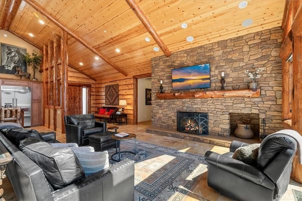 Fireplace, Interior, Living room, Recessed Lighting, Stone Walls, Wooden Beams, Wooden Ceilings, Wooden Walls