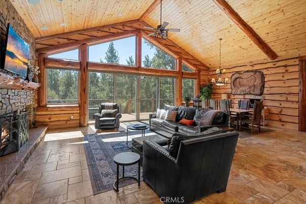 Dining room, Fireplace, Interior, Living room, Pendant Lights, Wooden Beams, Wooden Ceilings, Wooden Walls