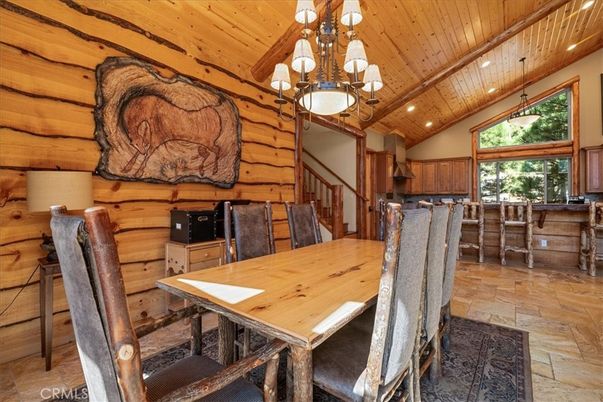 Chandelier, Dining room, Interior, Recessed Lighting, Wooden Beams, Wooden Ceilings, Wooden Walls