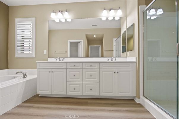 Bathroom, Dual Sink Vanities, Glass Shower, Interior, Wood Texture Flooring