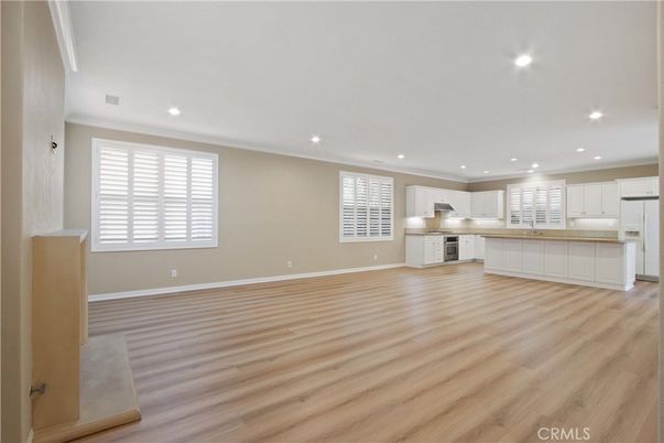 Empty room, Interior, Kitchen, Recessed Lighting, Wood Texture Flooring