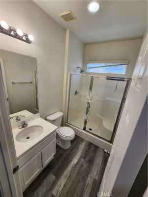 Bathroom, Glass Shower, Interior, Recessed Lighting, Wood Texture Flooring