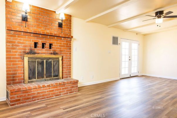 Empty room, Fireplace, Interior, Stone Walls, Wood Texture Flooring