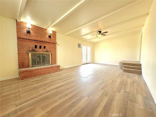 Empty room, Fireplace, Interior, Stone Walls, Wood Texture Flooring