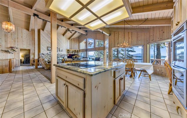 Chandelier, Dining room, Fireplace, Interior, Kitchen, Living room, Pendant Lights, Wooden Beams, Wooden Ceilings, Wooden Walls