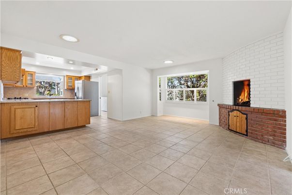 Fireplace, Interior, Kitchen, Recessed Lighting, Stone Walls
