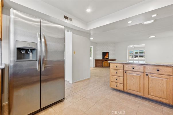 Fireplace, Interior, Kitchen, Recessed Lighting, Stainless Steel Appliances
