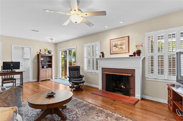 Fireplace, Home Office, Interior, Recessed Lighting, Wood Texture Flooring