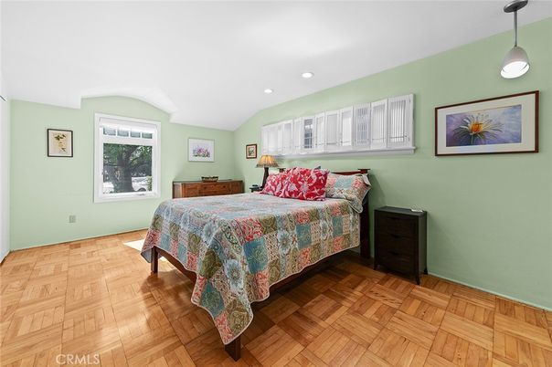 Bedroom, Interior, Pendant Lights, Recessed Lighting, Wood Texture Flooring