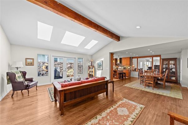 Dining room, Interior, Living room, Recessed Lighting, Wooden Beams, Wood Texture Flooring