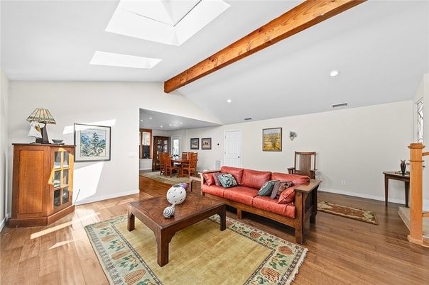 Dining room, Interior, Living room, Recessed Lighting, Wooden Beams, Wood Texture Flooring