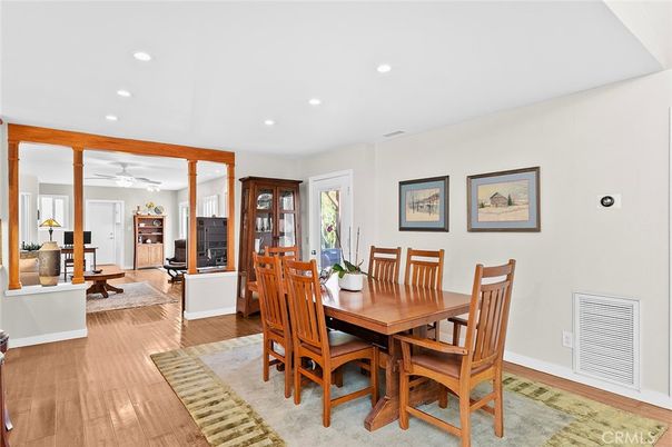 Dining room, Interior, Living room, Recessed Lighting, Wood Texture Flooring