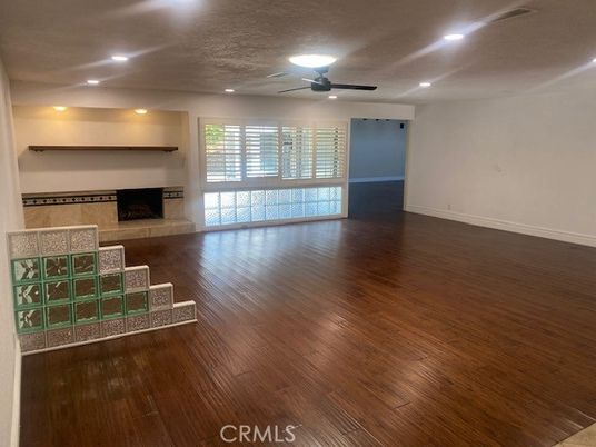Empty room, Fireplace, Interior, Recessed Lighting, Wood Texture Flooring