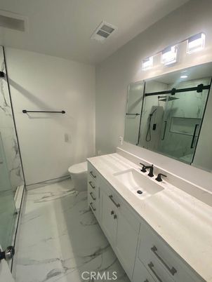 Bathroom, Dual Sink Vanities, Glass Shower, Interior, Marble, Marble Walls