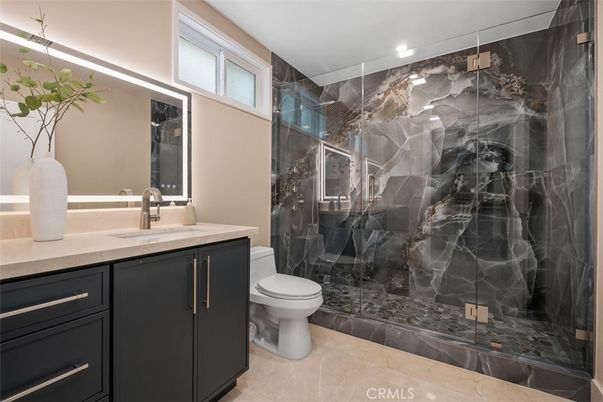 Bathroom, Glass Shower, Interior, Marble Walls, Recessed Lighting