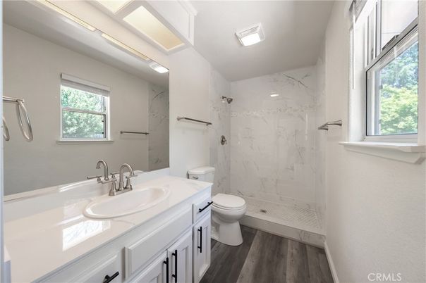 Bathroom, Glass Shower, Interior, Marble Walls, Wood Texture Flooring
