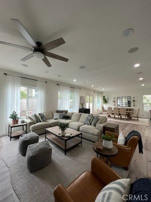 Dining room, Interior, Living room, Recessed Lighting, Wood Texture Flooring