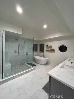 Bathroom, Dual Sink Vanities, Free Standing Baths, Glass Shower, Interior, Marble, Recessed Lighting