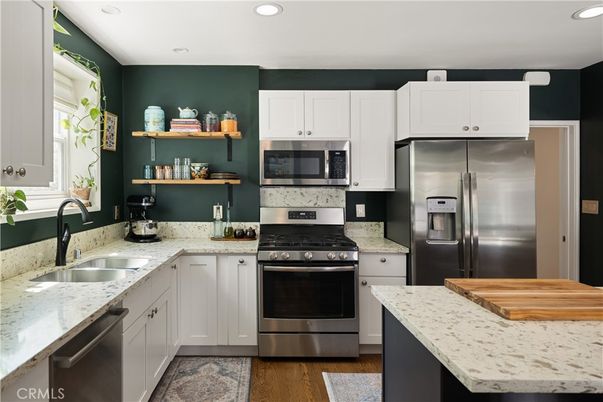 Interior, Kitchen, Recessed Lighting, Stainless Steel Appliances, Wood Texture Flooring
