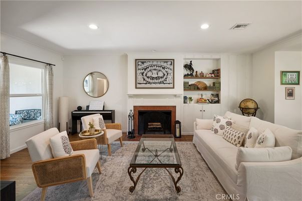 Fireplace, Interior, Living room, Recessed Lighting, Wood Texture Flooring