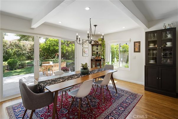 Chandelier, Dining room, Interior, Recessed Lighting, Wood Texture Flooring