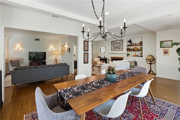 Chandelier, Dining room, Fireplace, Interior, Living room, Recessed Lighting, Wood Texture Flooring