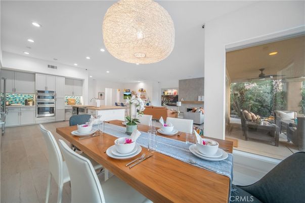 Dining room, Interior, Kitchen, Recessed Lighting, Stainless Steel Appliances, Wood Texture Flooring