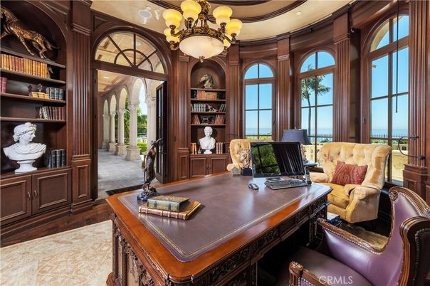 Chandelier, Home Office, Interior, Recessed Lighting, Wood Texture Flooring