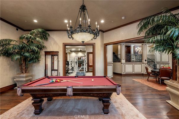 Billiard Table, Chandelier, Game Room, Interior, Recessed Lighting, Wood Texture Flooring