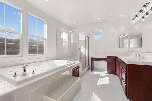 Bathroom, Dual Sink Vanities, Glass Shower, Interior, Recessed Lighting, Tile Countertops
