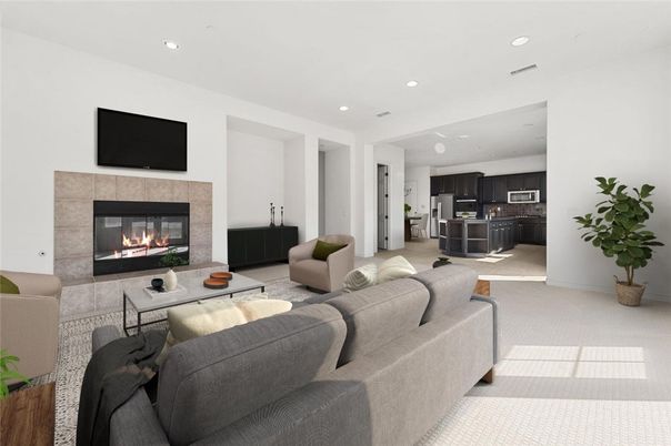 Fireplace, Interior, Kitchen, Living room, Recessed Lighting, Stainless Steel Appliances