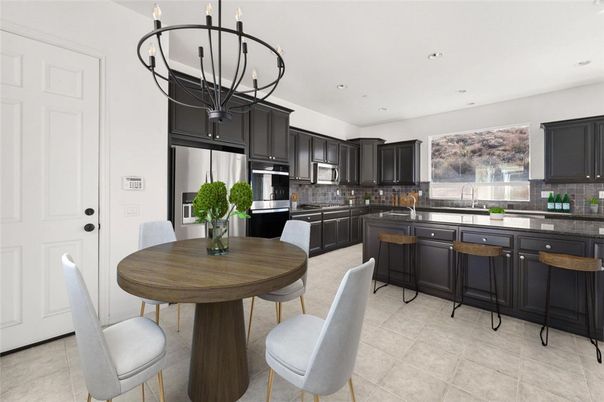 Chandelier, Dining room, Interior, Kitchen, Recessed Lighting, Stainless Steel Appliances