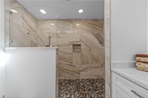 Bathroom, Glass Shower, Interior, Marble Walls, Recessed Lighting