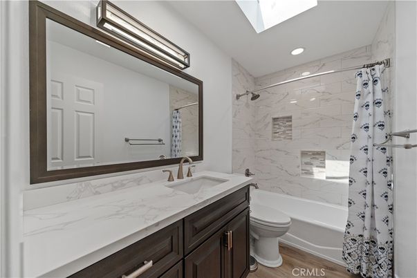 Bathroom, Interior, Marble Walls, Recessed Lighting, Wood Texture Flooring