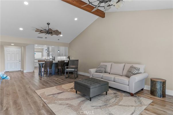 Interior, Kitchen, Living room, Pendant Lights, Recessed Lighting, Wooden Beams, Wood Texture Flooring