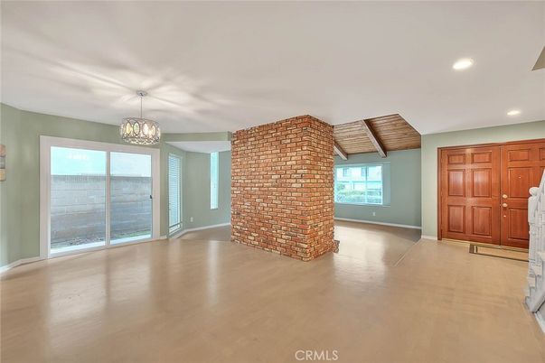 Empty room, Fireplace, Interior, Recessed Lighting, Stone Walls, Wooden Beams, Wooden Ceilings, Wood Texture Flooring