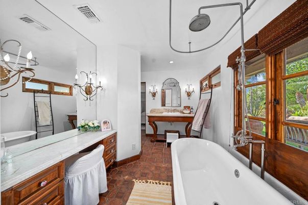 Bathroom, Chandelier, Dual Sink Vanities, Free Standing Baths, Interior, Recessed Lighting