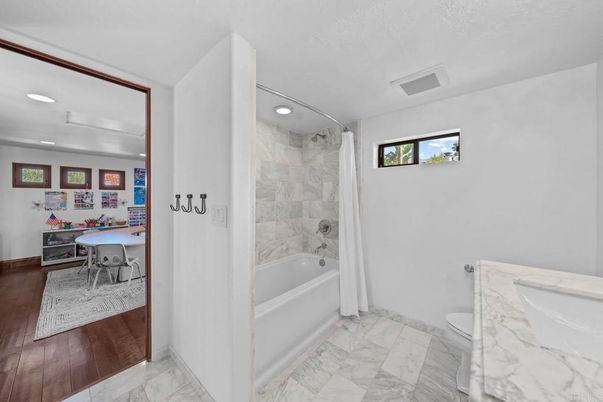 Bathroom, Interior, Marble, Marble Walls, Recessed Lighting, Wood Texture Flooring