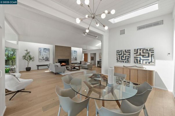 Dining room, Fireplace, Interior, Living room, Pendant Lights, Wood Texture Flooring