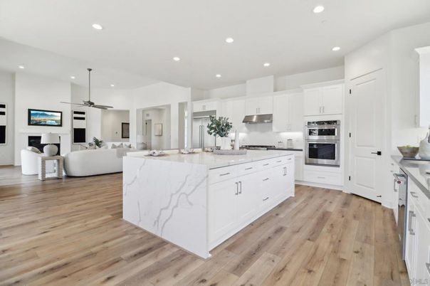 Fireplace, Interior, Kitchen, Living room, Recessed Lighting, Stainless Steel Appliances, Wood Texture Flooring